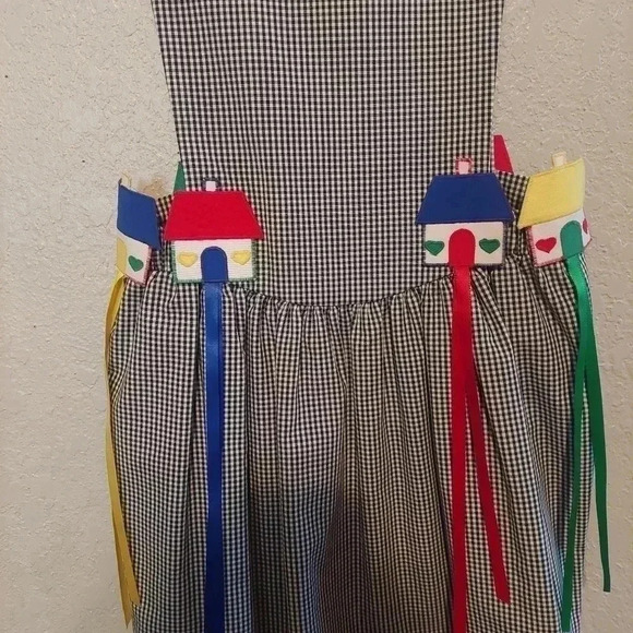 Chocolate Soup Girls Apron Style Dress Black Gingham Houses Ribbon Sz 8 Vintage - Picture 4 of 15